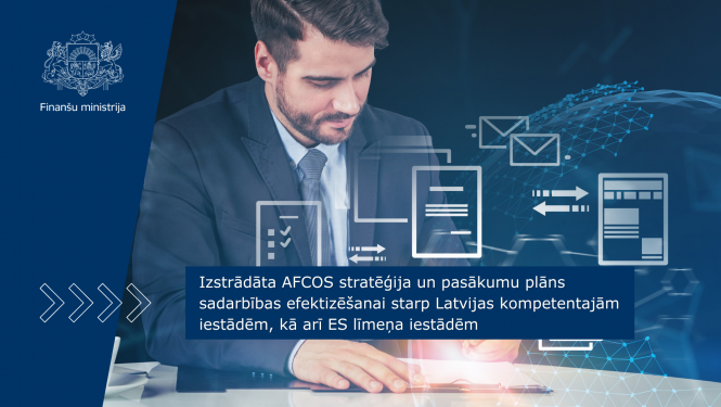 Izstrādāta AFCOS stratēģija un pasākumu plāns sadarbības efektizēšanai starp Latvijas kompetentajām iestādēm, kā arī ES līmeņa iestādēm. Attēlā redzams vīrietis uzvalkā parasktām dokumentu, uz attēla grafiski elementi, kas ataino dokumentus.