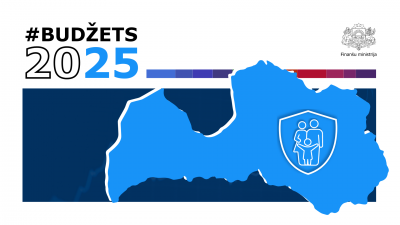 #Budžets2025 vizuālis ar Latvijas kartes kontūru un ģimenes simbolu 