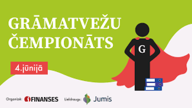 Grāmatvežu čempionāta logo - melns cilvēciņa siluets ar sarkanu apmetni - uz spilgti zaļa fona