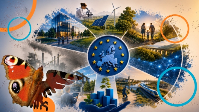 Finanšu ministrijas diskusijas "Eiropas nauda: mīti, prioritātes un realitāte" plakāts sarunu festivālam LAMPA. Vizuāli attēlotas Eiropas Savienības investīciju jomas, tostarp inovācijas, ilgtspēja, infrastruktūra, digitalizācija un reģionu attīstība.