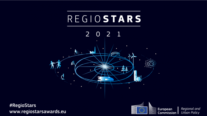 Konkursa Regiostars vlogo un simboliska vizualizācija
