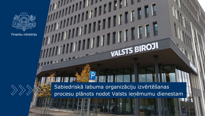 Pelēka ēkas fasāde ar daudz logiem, virs ieejas ēkā redzams nosaukums "Valsts biroji"