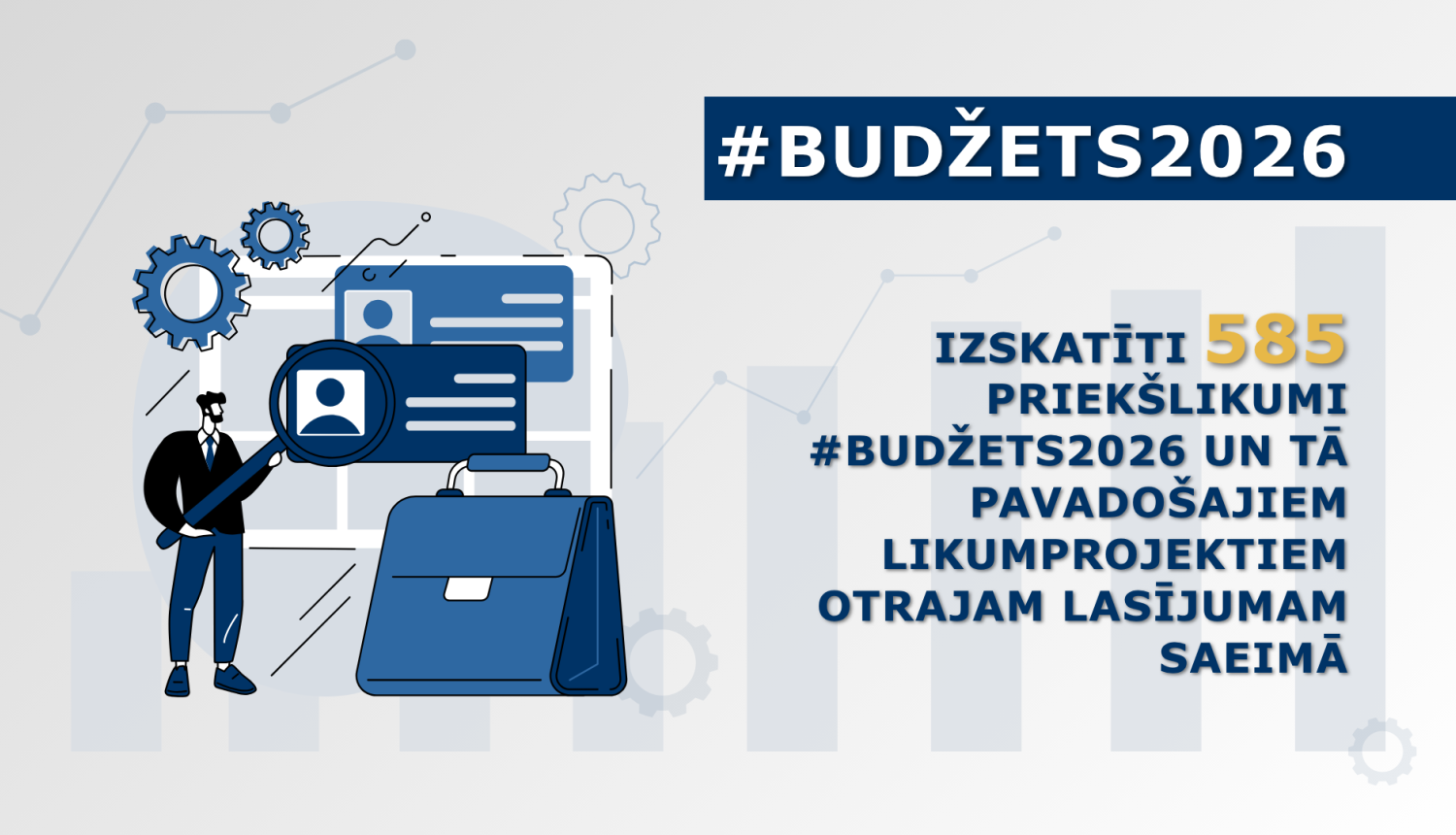 Attēlā redzams teksts un ikona, kas ataino cilvēku, kurš ar palielināmo stiklu detalizētāk skata informāciju, līdzās atrodas portfelis, uz attēl ir teksts 