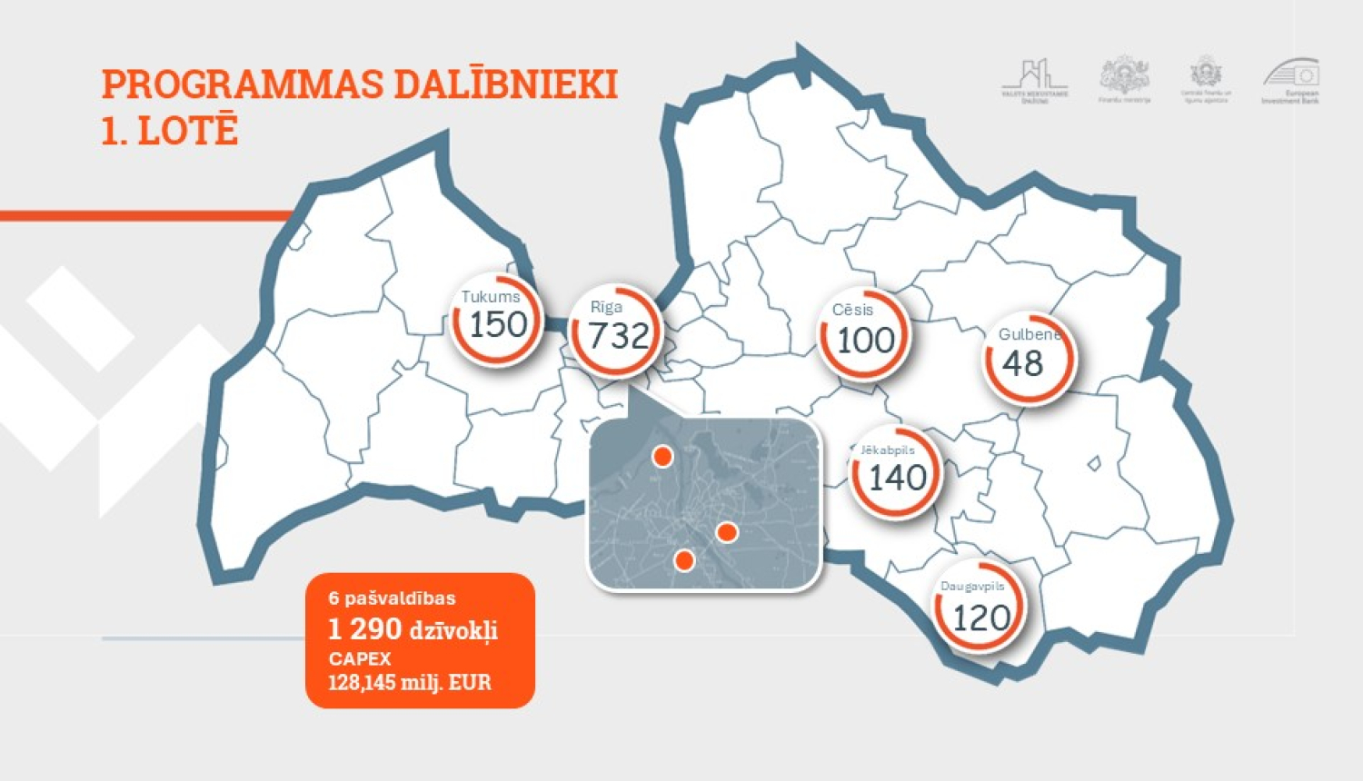 Latvijas karte, ar apvilktu kontūru, tajā iezīmētas sešas pilsētas, kurās tiks īstenota publiskās un privātās partnerības (PPP) īres mājokļu programmas 1. lote