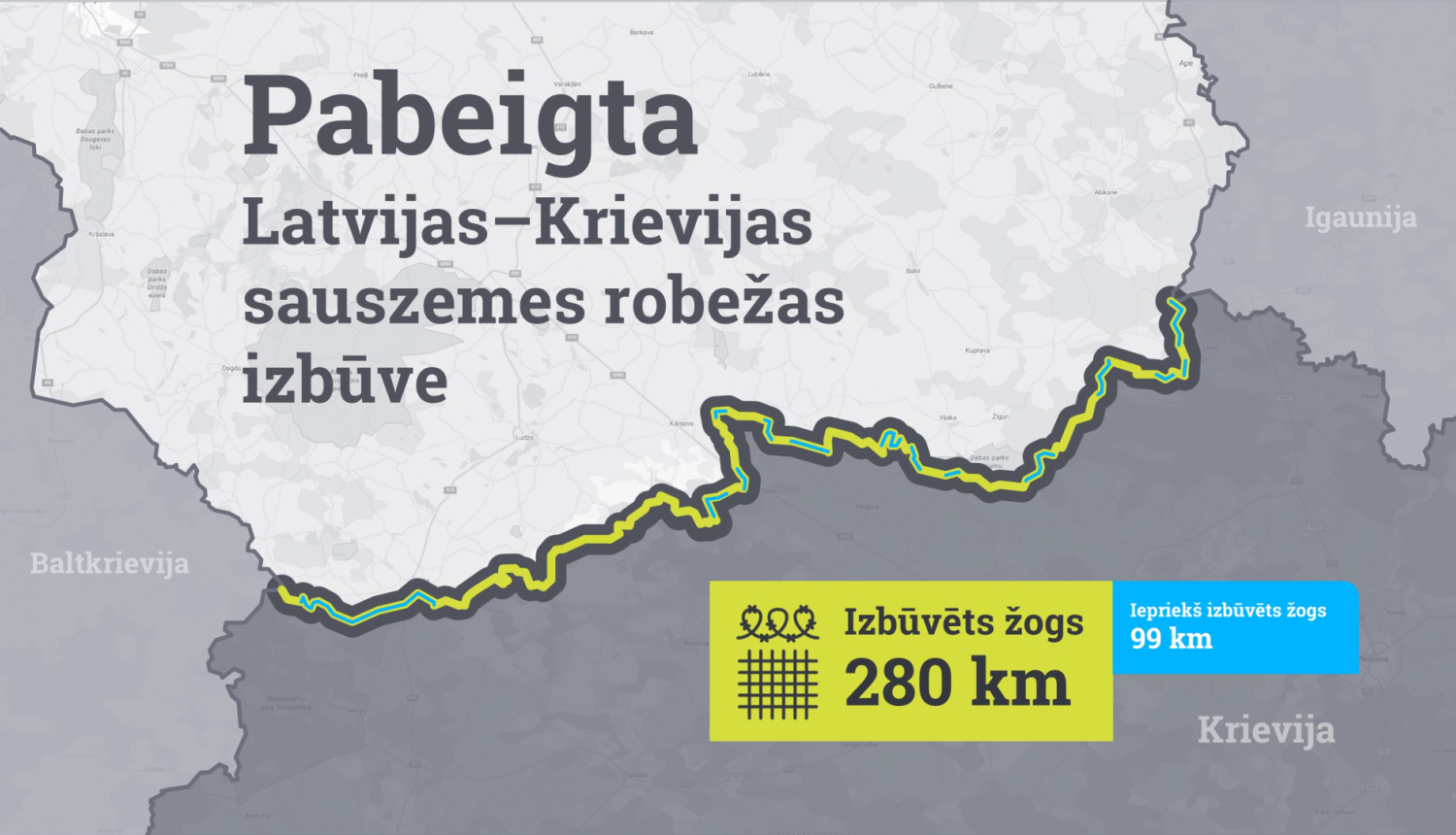 Attēlā redzama kartes daļa, kas ataino robežu starp Latviju un Krieviju, kas iezīmēta ar dzeltenu krāsu, uz attēla ir teksts ir 