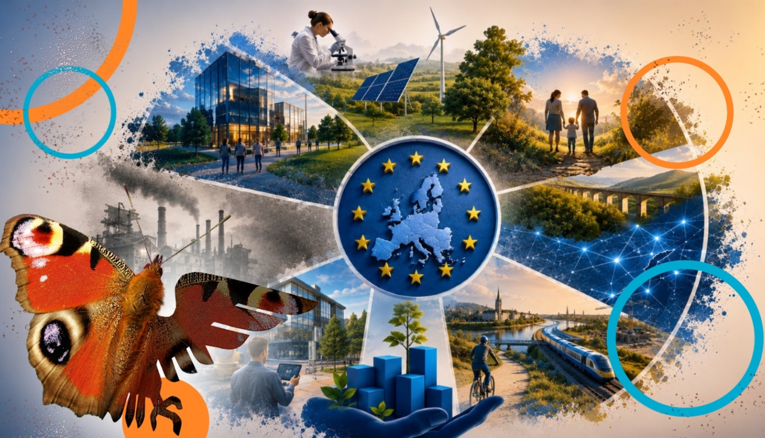 Finanšu ministrijas diskusijas "Eiropas nauda: mīti, prioritātes un realitāte" plakāts sarunu festivālam LAMPA. Vizuāli attēlotas Eiropas Savienības investīciju jomas, tostarp inovācijas, ilgtspēja, infrastruktūra, digitalizācija un reģionu attīstība.