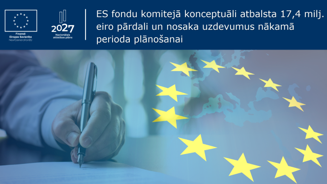 Cilvēka roka tur pildspalvu un paraksta dokumentu, attēlu papildina teksts, ES karte ar ES karoga zvaigznēm