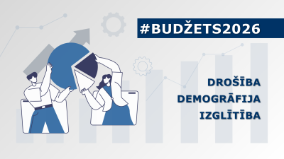 #Budžets2026 - drošība, demogrāfija, izglītība. Attēlā divi zīmēti cilvēki kopā savieno pīrāga grafika daļas