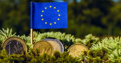 ES karodziņš zālē ar eiro monētām