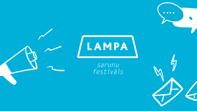 Sarunu festivāla "Lampa" logo attēla centrā uz zila fona, attēlā redzamas zīmētas skaļruņa, vēstuļu un sarunu attēlojuma ikonas