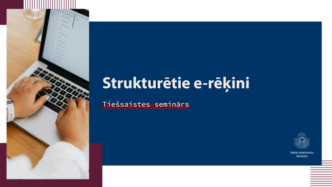 Attēlā ir redzams zils laukums, uz kura ir teksts, sānā ir fotogrāfijas daļa, kurā redzamas cilvēka rokas, strādājot ar portatīvo datoru