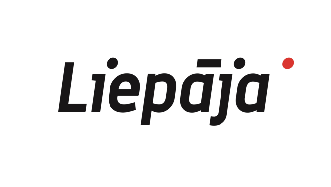 Attēlā uz balta fona ir redzams Liepājas logo - uzraksts ar sarkanu punktiņu