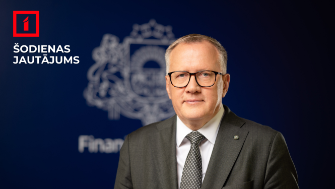 Finanšu ministrs Arvils Ašeradens uz Finanšu ministrijas logo fona