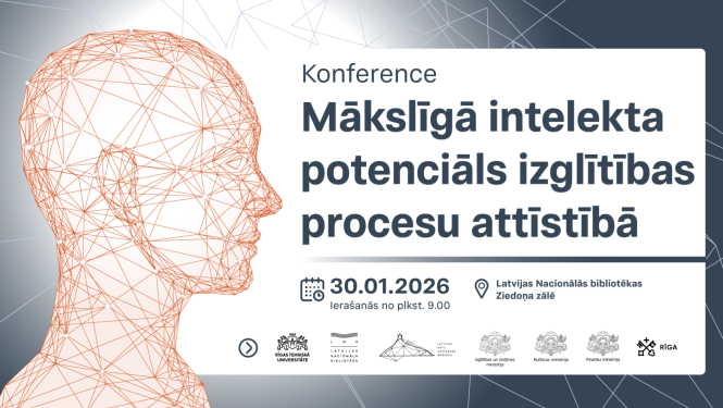 Attēlā redzams teksts "Konference "Mākslīgā intelekta potenciāls izglītības procesu attīstībā", kuru ilustrē cilvēka krūšutēls, kuru veido smalkas, sasaistītas līnijas