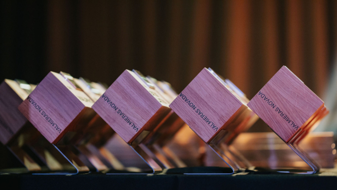 Attēlā tuvplānā redzamas uz galda izvietotas Valmieras novada gada balvas uzņēmējdarbībā balvu statuetes koka kuba formā 