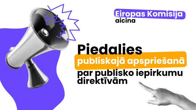 Attēlā redzams aicinājuma teksts piedalīties publiskajā apspriešanā, kas atainots ar stilizētu skaļruni un izstieptu roku