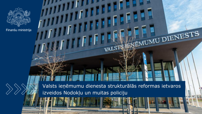 Attēlā redzama VID ēka Talejas ielā ar uzrakstu Valsts ieņēmumu dienests. Uz attēla ir teksts "Valsts ieņēmumu dienesta strukturālās reformas ietvaros izveidos Nodokļu un muitas policiju"