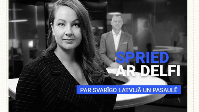 Melnbalts attēls ar sievieti priekšplānā un vīrieša siluetu tālumā, uz attēla ir teksts "Spried ar Delfi. Par aktuālo Latvijā un pasaulē