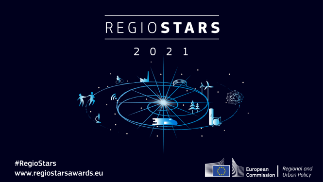 Konkursa Regiostars vlogo un simboliska vizualizācija