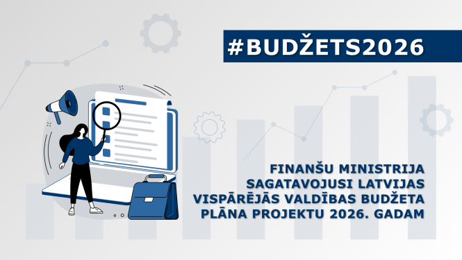 Attēlā #Budžets2026 vizualizācija ar ikonu, kurā sieviete ar palielināto stiklu portatīvā datora ekrānā skata dokumentu, blakus novietots portfelis, uz attēla ir teksts