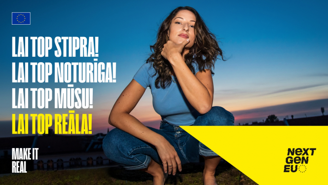 Bilde ar meiteni un informatīvs teksts