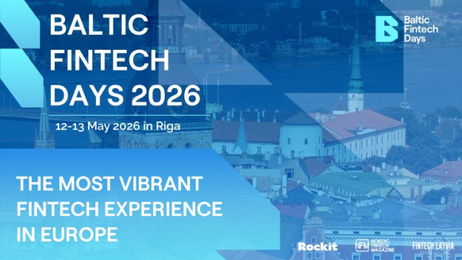 Baneris pasākumam “Baltic Fintech Days 2026”. Uz zila fona redzama Rīgas panorāma.