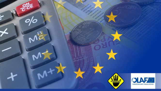 Eiropas Savienības simboli, nauda, pretkrāpšanas kustības #Atkrāpies! un OLAF logo