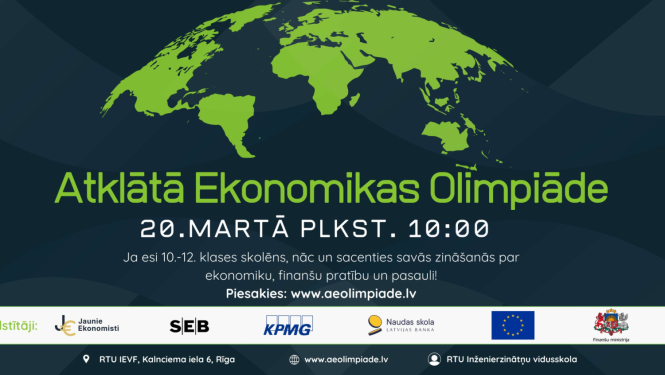 Atklātās Ekonomikas olimpiādes vizuālis ar zaļu pasaules karti un tekstu