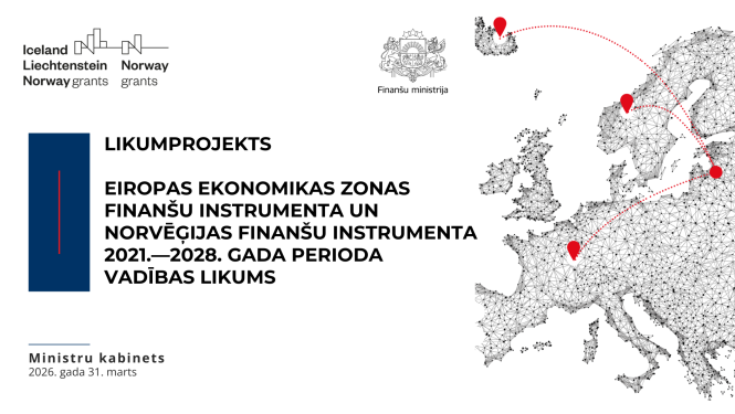 Augšpusē redzami Islandes, Lihtenšteinas un Norvēģijas grantu logotips un Finanšu ministrijas logotips, labajā pusē stilizēta Eiropas karte ar atzīmētiem punktiem un savienojuma līnijām