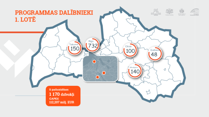 Attēlā redzama Latvijas karte ar apvilktu kontūru, tajā iezīmētas piecas Latvijas pilsētas, kurās PPP programmas ietvaros tiks izbūvēti dzīvokļi 