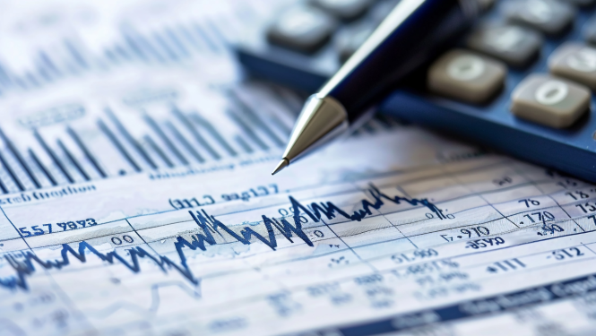 Attēlā tuvplānā redzami dokumenti ar dažādiem grafikiem un finanšu datiem un daļa no uz galda nolikta kalkulatora un pildspalva