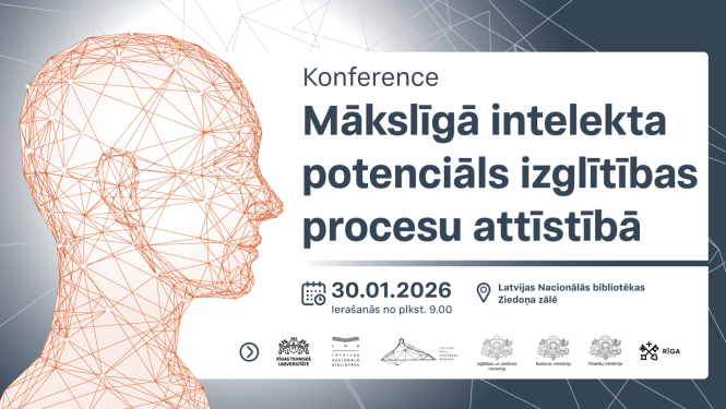 Attēlā redzams teksts "Konference "Mākslīgā intelekta potenciāls izglītības procesu attīstībā", kuru ilustrē cilvēka krūšutēls, kuru veido smalkas, sasaistītas līnijas