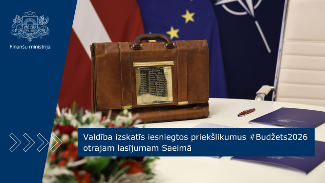 Attēlā redzams tradicionālais budžeta portfelis, kas novietots uz balta galda. Uz galda stāv arī ziedi un zilas dokumentu mapes. Fonā redzami Latvijas, ES un Nato karogi