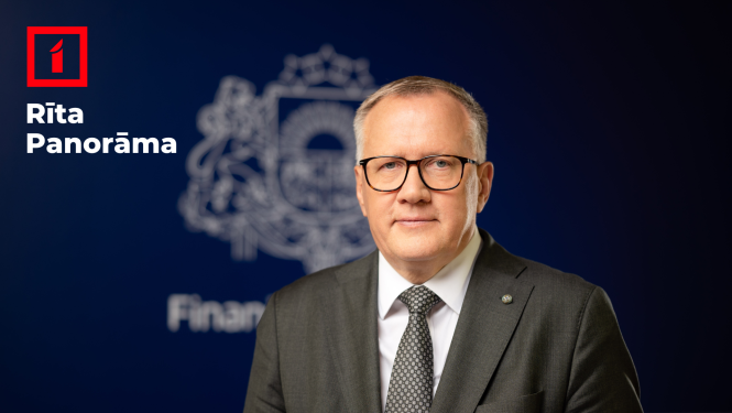 Finanšu ministra Arvila Ašeradena portrets uz tumši zila fona ar Finanšu ministrijas ģērboni fonā