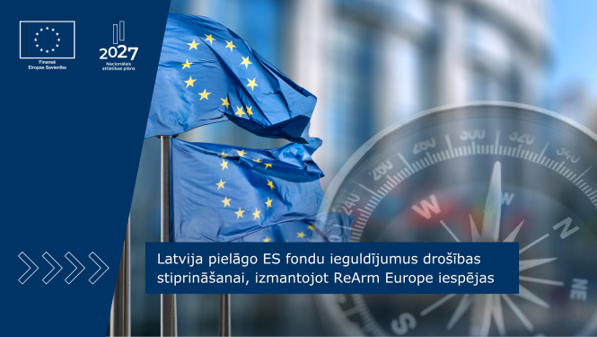 Attēlā redzami ES karogi mastos un kompass