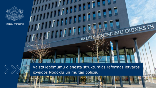 Attēlā redzama VID ēka Talejas ielā ar uzrakstu Valsts ieņēmumu dienests. Uz attēla ir teksts "Valsts ieņēmumu dienesta strukturālās reformas ietvaros izveidos Nodokļu un muitas policiju"