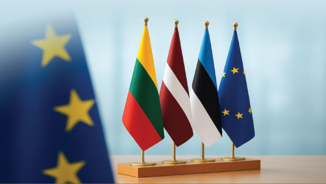 3 Baltijas valstu karogi un ES karogs