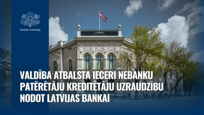 Latvijas Bankas ēka ar Latvijas karogu uz juma, kreisajā pusē zila josla ar Finanšu ministrijas ģerboni un tekstu