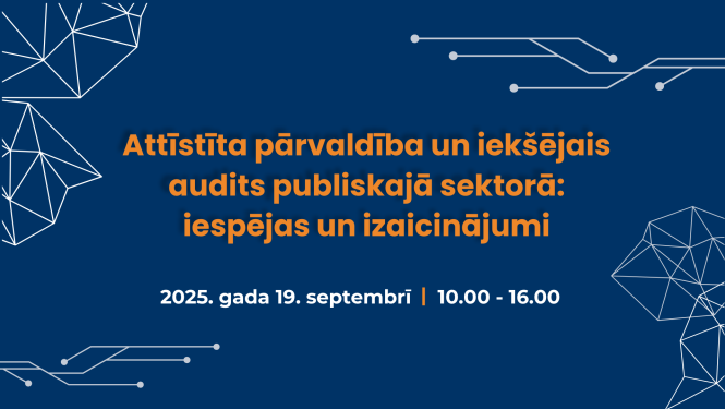 Attēlā redzams oranžs teksts uz zila fona, kas papildināts ar dažādiem grafiskiem elementiem