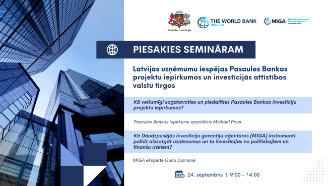 Attēlā redzams stiklotu debesskrāpju skats no zemes uz debesīm, uz attēla ir teksts un logo ansamblis