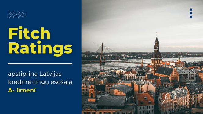 Rīgas panorāma ar Doma baznīcu un Vanšu tiltu, līdzās attēlam uz zila fona ir teksts - Fitch Ratings apstiprina Latvijas kredītreitingu esošajā A- līmenī