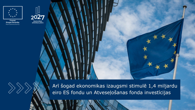 Karoga mastā plīvo ES karogs, blakus redzama stiklotas ēkas fasādes daļā