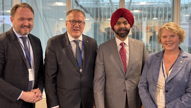 Plecu pie pleca stāv 4 cilvēki - trīs vīrieši, viena sieviete, un smaida