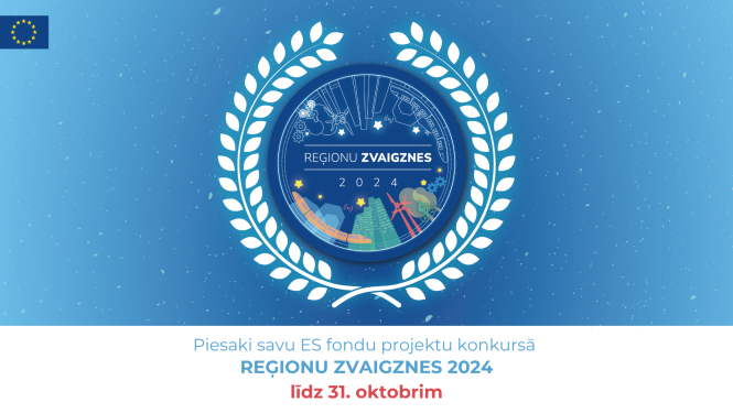Konkursa "Reģionu zvaigznes 2024" logo, aicinājums tekstā "Piesaki savu ES fondu projektu konkursā "Reģionu zvaigznes 2024" līdz 31.oktobrim"