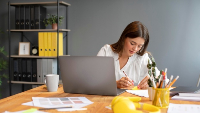 sieviete strādā ar datoru