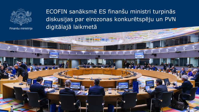ECOFIN sanāksmē ES finanšu ministri turpinās diskusijas par eirozonas konkurētspēju un PVN digitālajā laikmetā. Attēlā apaļa zāle ar galdiem vairākos apļos un daudz cilvēkiem 