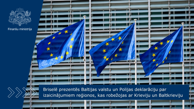 Briselē prezentēs Baltijas valstu un Polijas deklarāciju par izaicinājumiem reģionos, kas robežojas ar Krieviju un Baltkrieviju. Attēlā ēkas fasādes daļa ar trim ES karogiem mastos priekšplānā