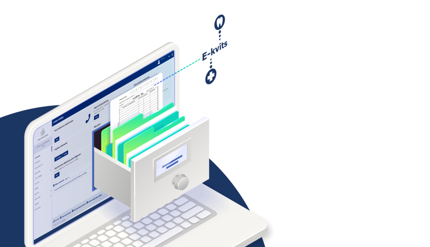 Ilustrācija ar klēpjdatoru, no kura ekrāna iznāk atvilktne ar digitālām mapēm un dokumentiem, simbolizējot e-kvīšu glabāšanu un pārvaldību tiešsaistē