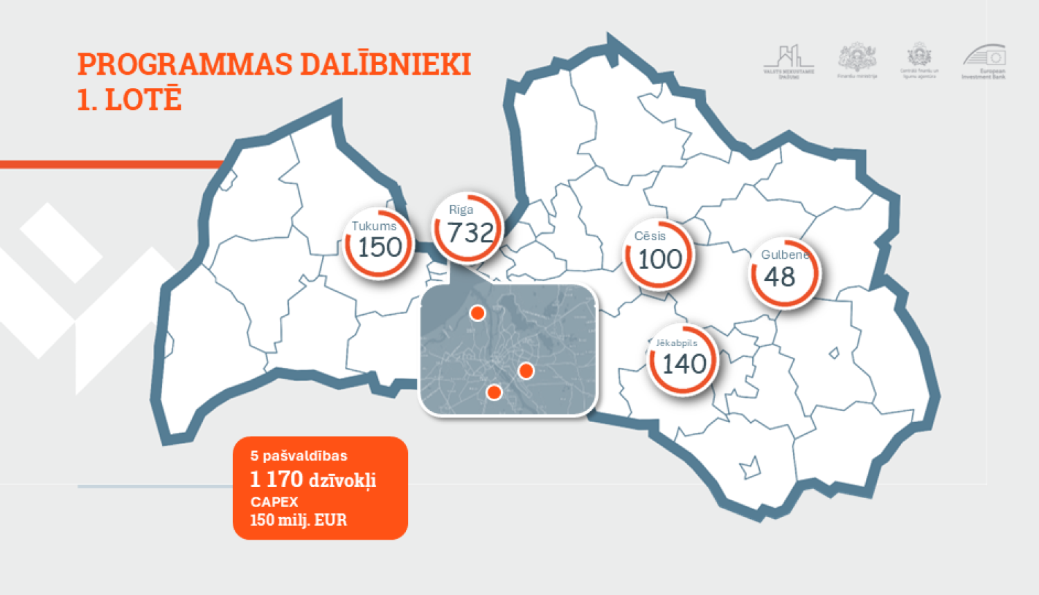 Attēlā redzama Latvijas karte, kurā atzīmētas atsevišķas pilsētas