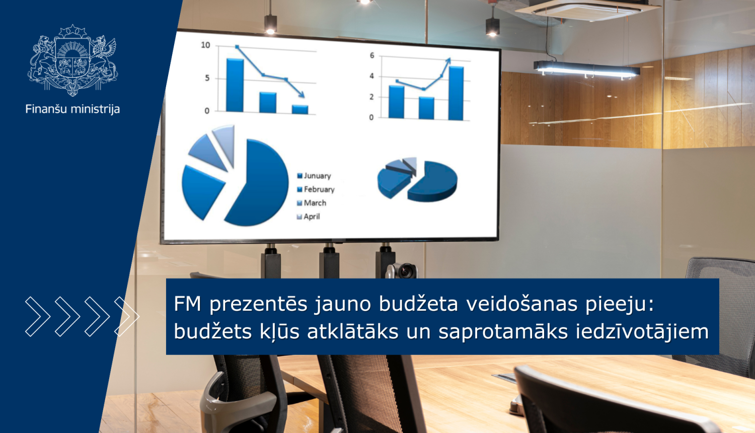 Biroja telpā uz ekrāna ir redzami zili dažāda veida grafiki